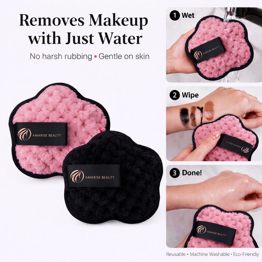 Amarise Beauty Pink and black makeup removal pads with usage instructions.