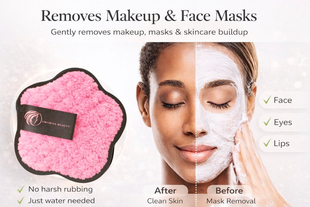 Pink makeup removal pad with a woman applying a face mask, labeled 'Universe Beauty'.