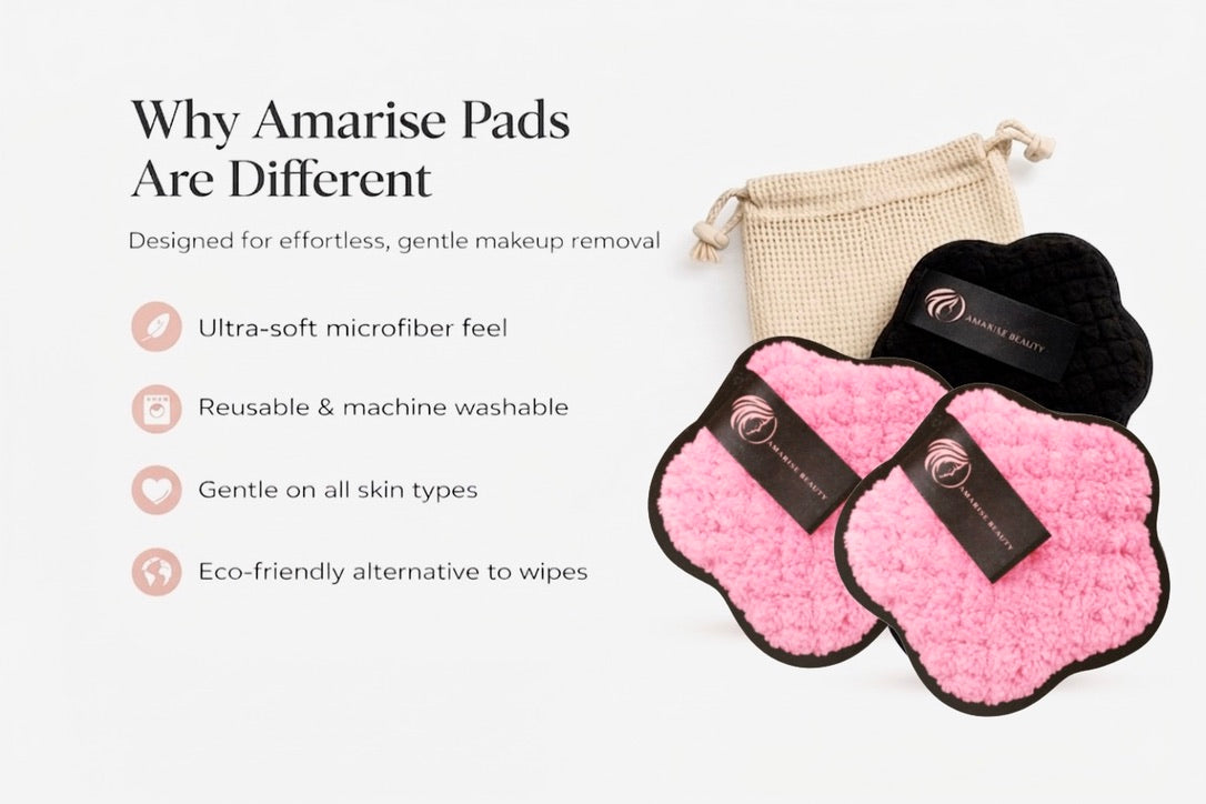 Amarise makeup removal pads with a drawstring bag on a white background, featuring text highlighting product features.