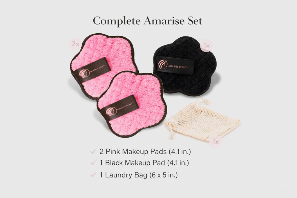 Complete Amarise set with pink and black makeup pads and a laundry bag on a white background