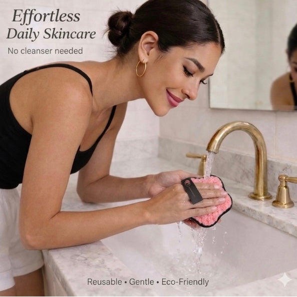 Woman washing a reusable face pad under running water in a bathroom setting.